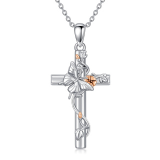 Sterling Silver Two-tone Cross & Butterfly Morning Glory Pendant Necklace-2