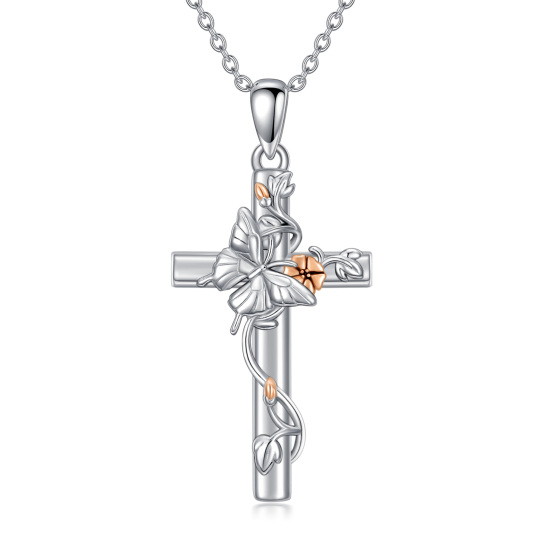 Sterling Silver Two-tone Cross & Butterfly Morning Glory Pendant Necklace