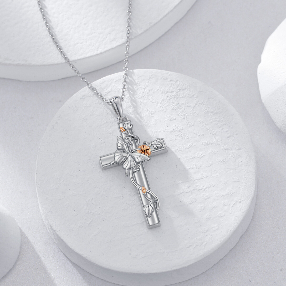 Sterling Silver Two-tone Cross & Butterfly Morning Glory Pendant Necklace-3