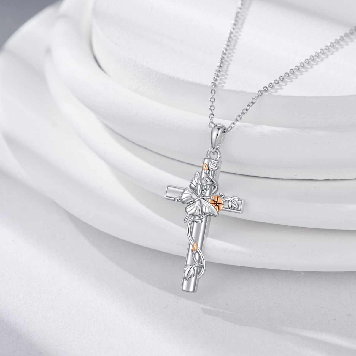 Sterling Silver Two-tone Cross & Butterfly Morning Glory Pendant Necklace-4