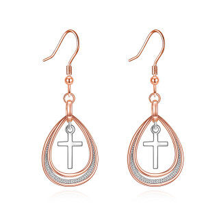 Sterling Silver Two-Tone Cross Drop Earrings For Women-17