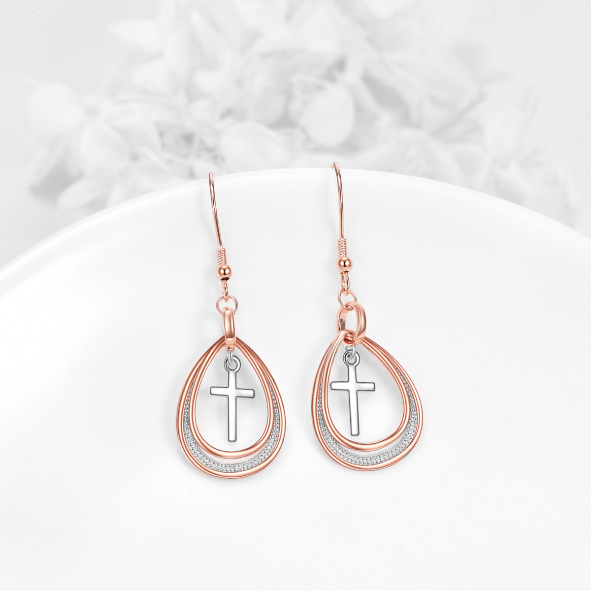 Boucles d'oreilles en argent sterling en forme de croix et de goutte d'eau bicolores-3