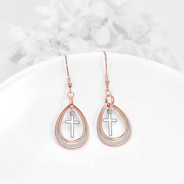 Sterling Silver Two-tone Cross & Drop Shape Drop Earrings-3