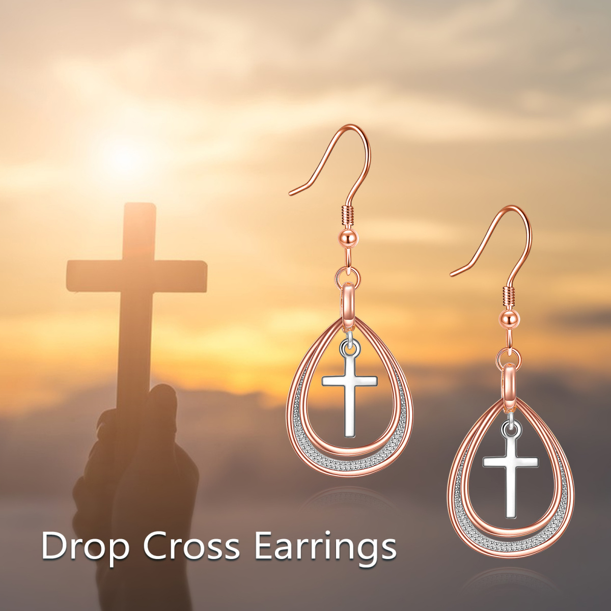 Sterling Silver Two-Tone Cross Drop Earrings For Women-6