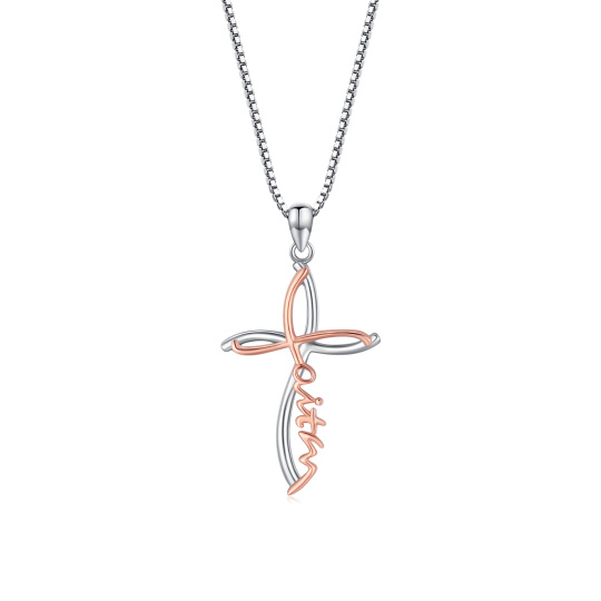 Collana con ciondolo a forma di croce bicolore in argento sterling con parola incisa