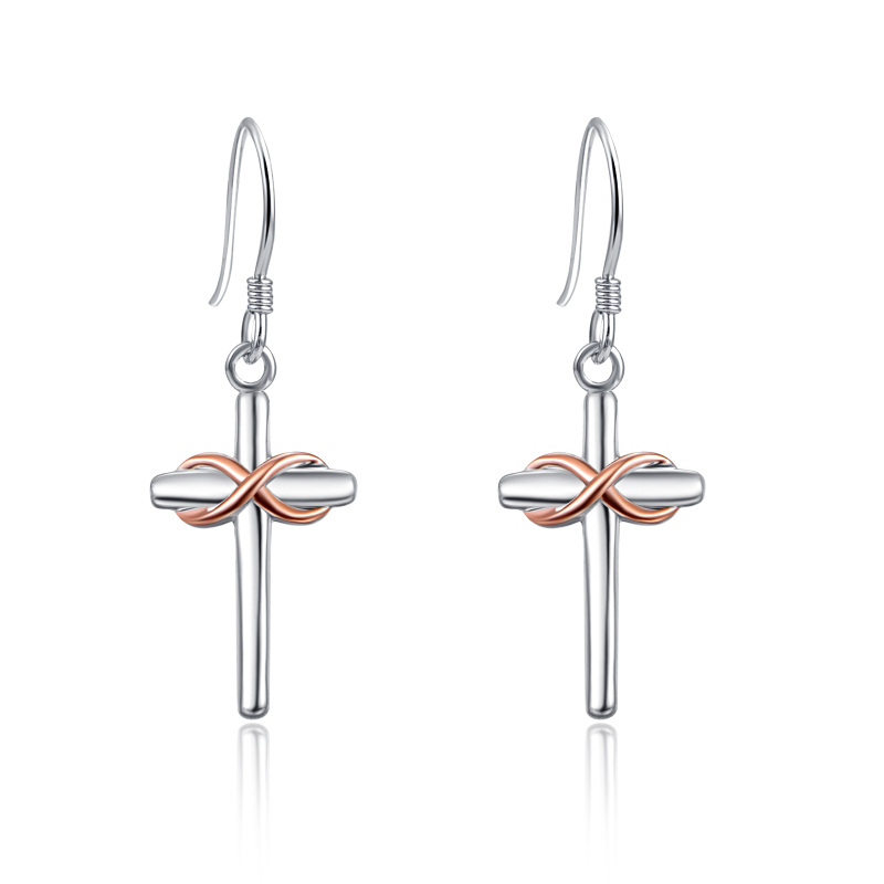 Sterling Silver Two-tone Cross & Infinity Symbol Drop Earrings-6