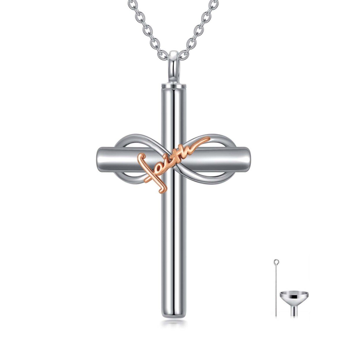 Sterling Silber zweifarbig Kreuz & Unendlichkeit Symbol Urne Halskette mit eingraviertem W-1