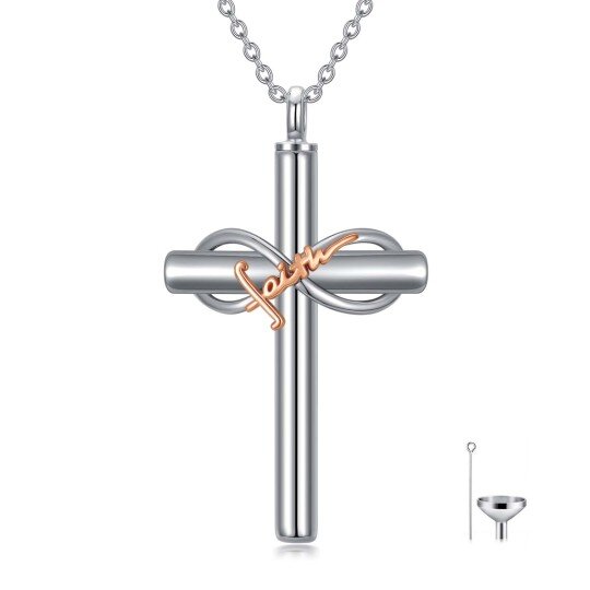 Sterling Silver Two-tone Cross & Infinity Symbol Urn Necklace for Ashes with Engraved Word