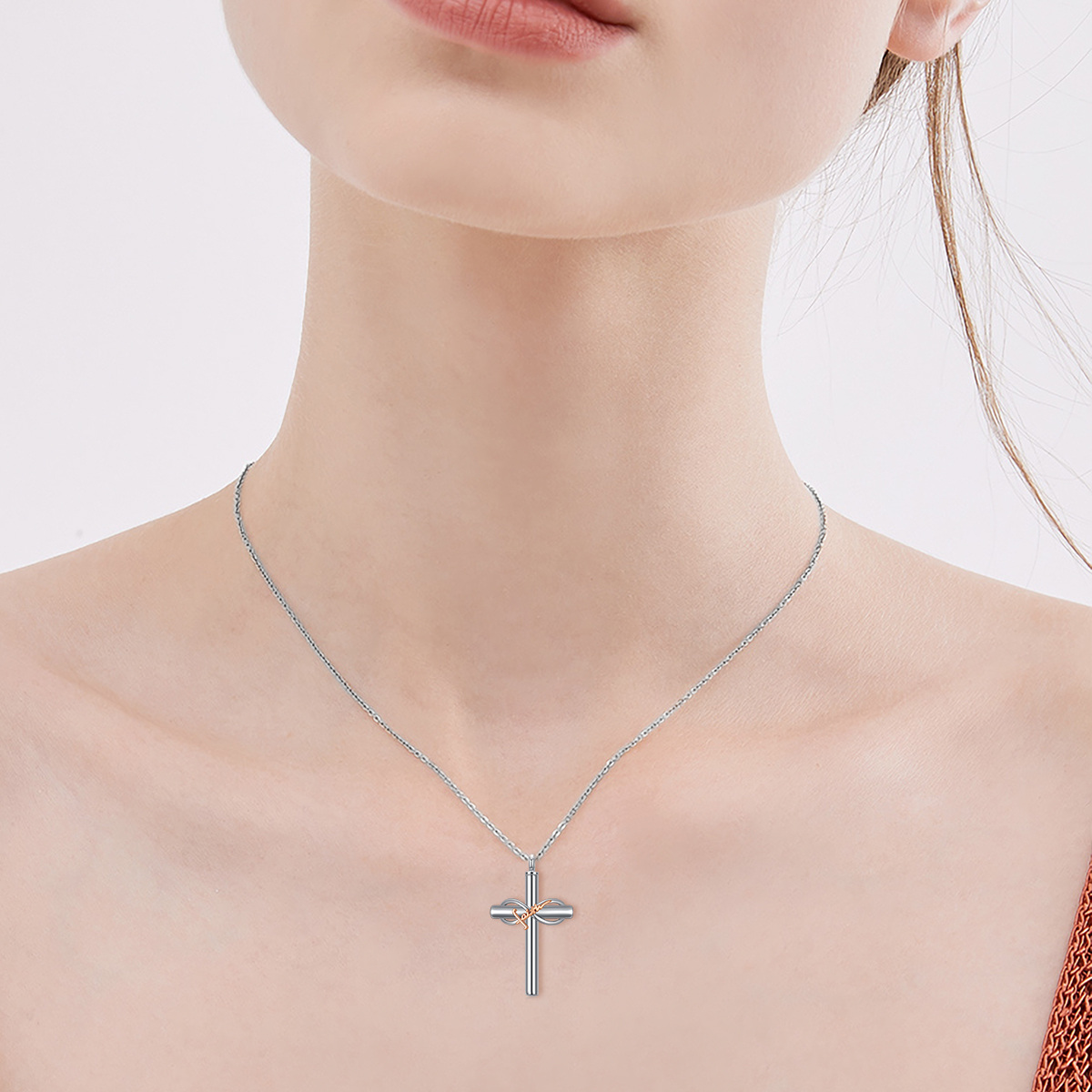 Sterling Silber zweifarbig Kreuz & Unendlichkeit Symbol Urne Halskette mit eingraviertem W-2