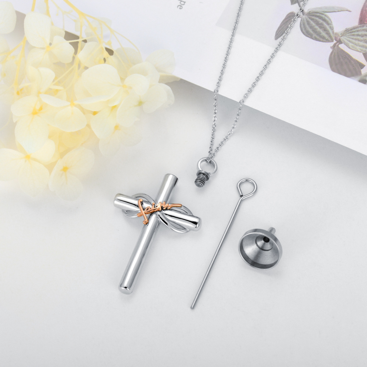 Sterling Silber zweifarbig Kreuz & Unendlichkeit Symbol Urne Halskette mit eingraviertem W-4