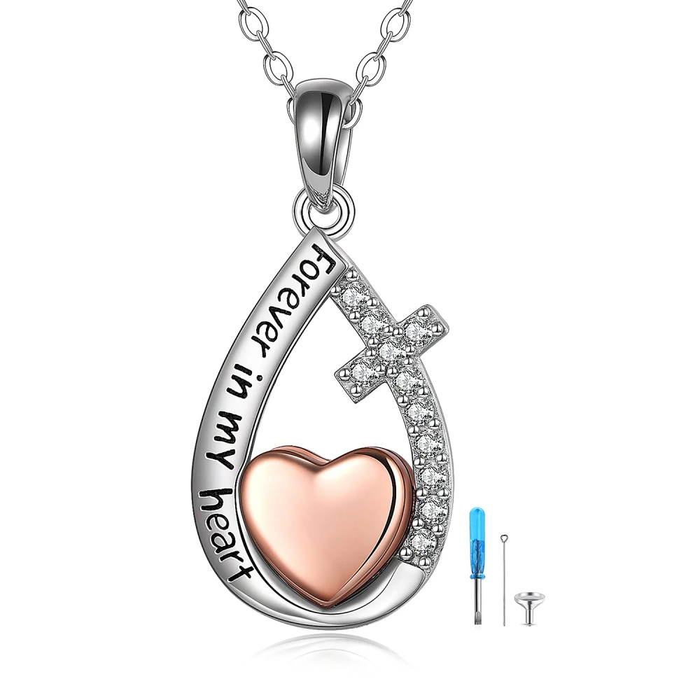 Sterling Silver Two-tone Cubic Zirconia Cross & Infinity Symbol Urn Necklace for Ashes with Engraved Word-1