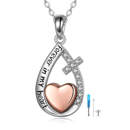 Sterling zilveren tweekleurige Cubic Zirconia kruis & oneindigheid symbool Urn ketting voor as met gegraveerd woord