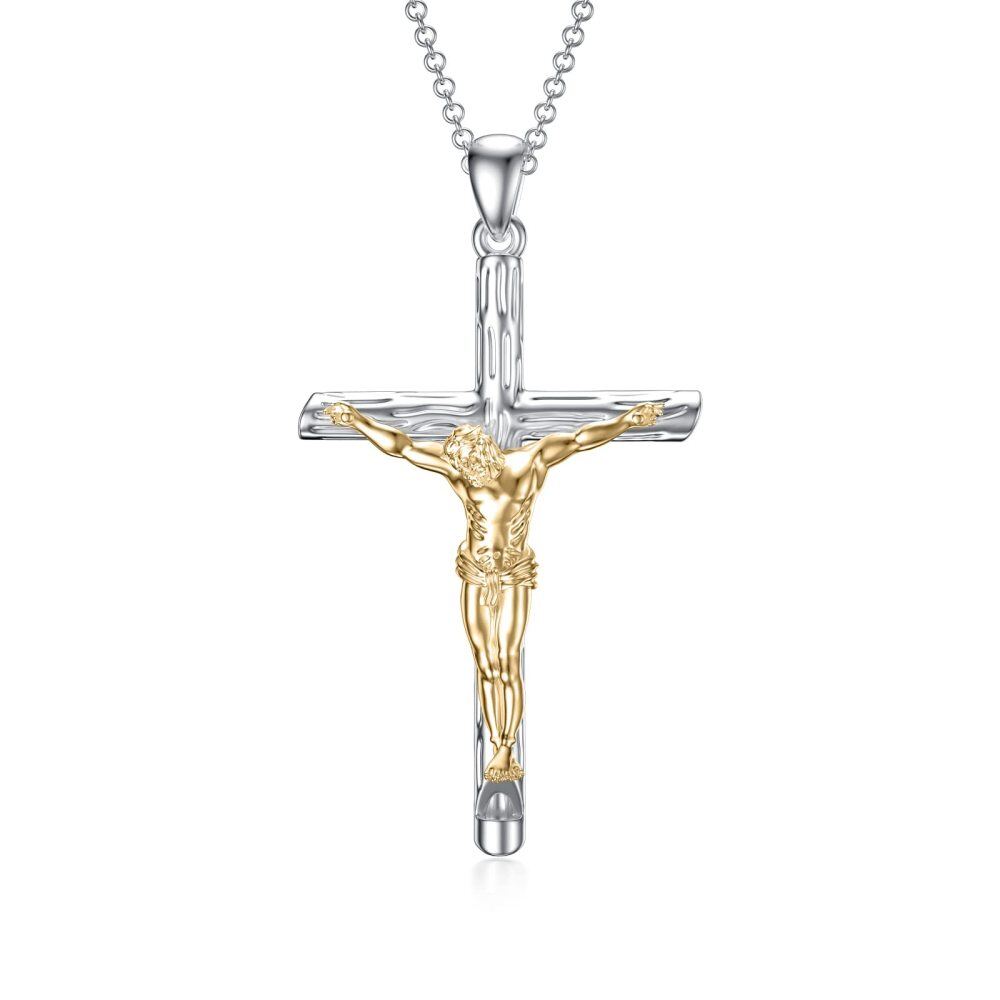 Collar con colgante de cruz de Jesús en dos tonos y silbato para hombre en plata de ley-1