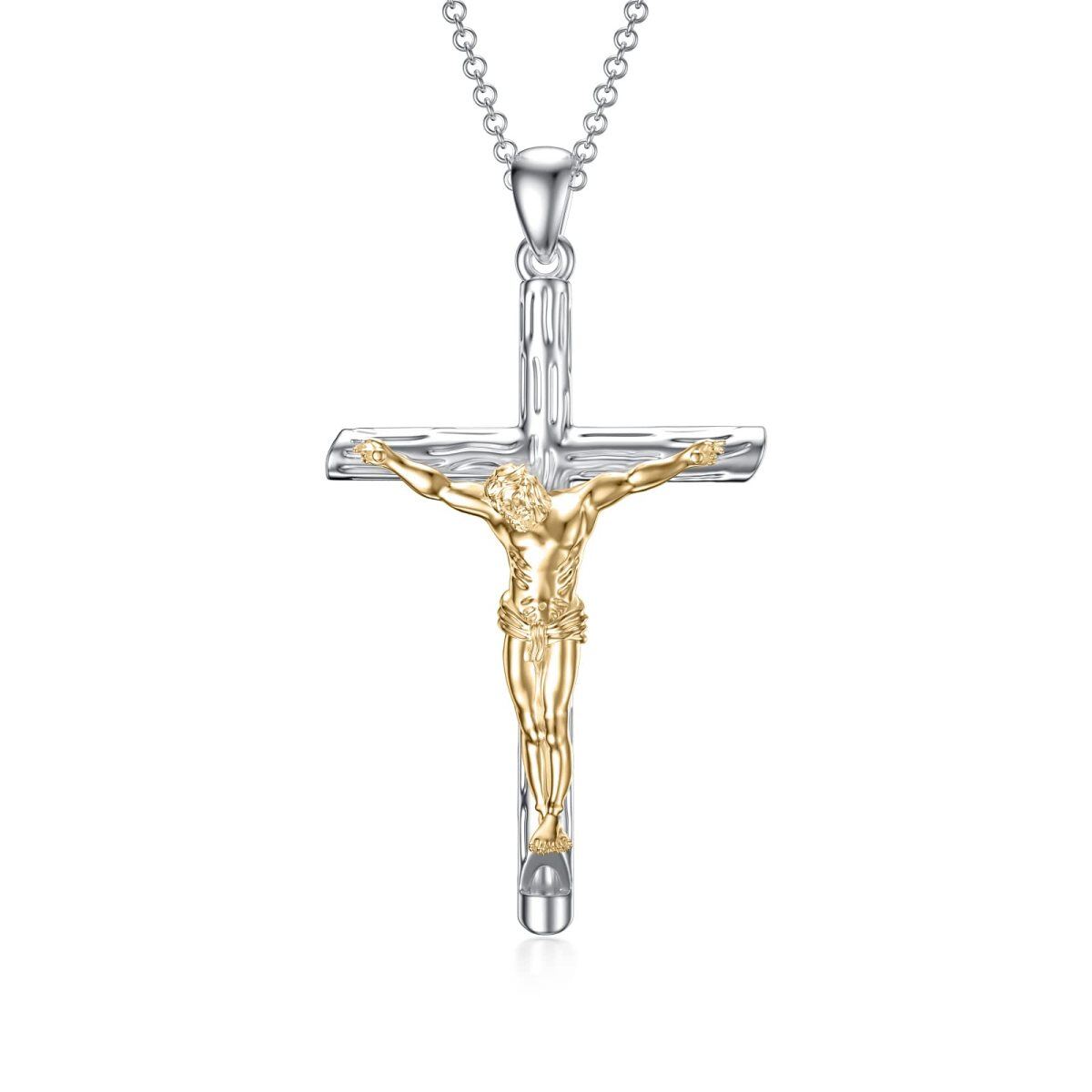 Zweifarbige Halskette mit Pfeifenanhänger aus Sterlingsilber mit Kreuz und Jesus-Kruzifix für Herren-1