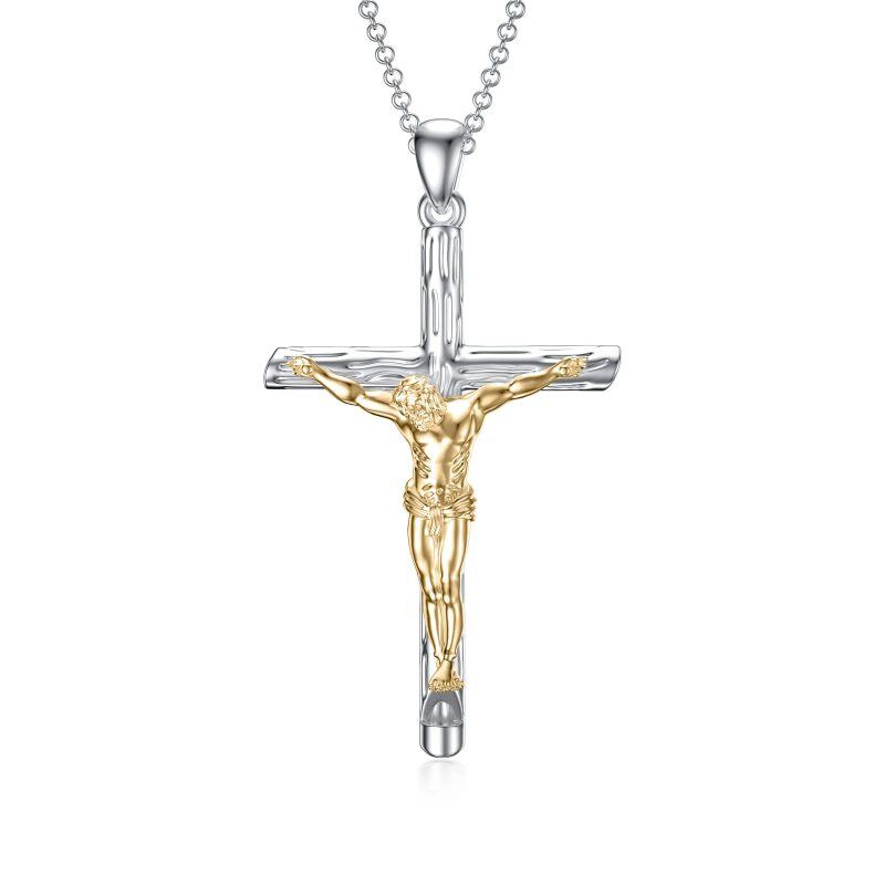 Collar con colgante de cruz de Jesús en dos tonos y silbato para hombre en plata de ley-8