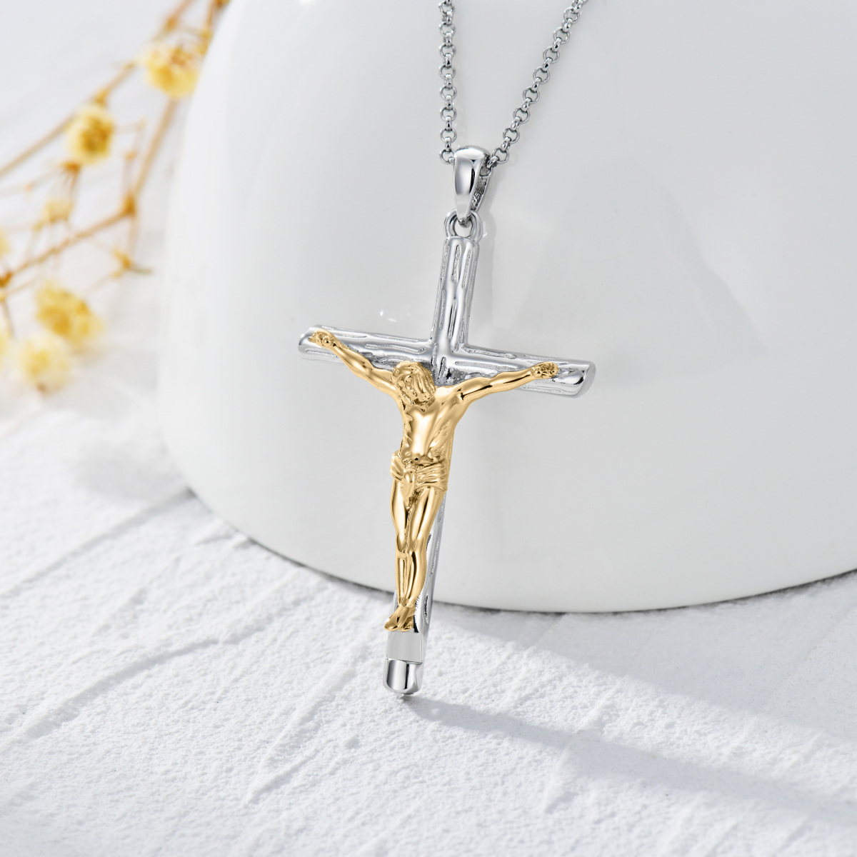 Zweifarbige Halskette mit Pfeifenanhänger aus Sterlingsilber mit Kreuz und Jesus-Kruzifix für Herren-4