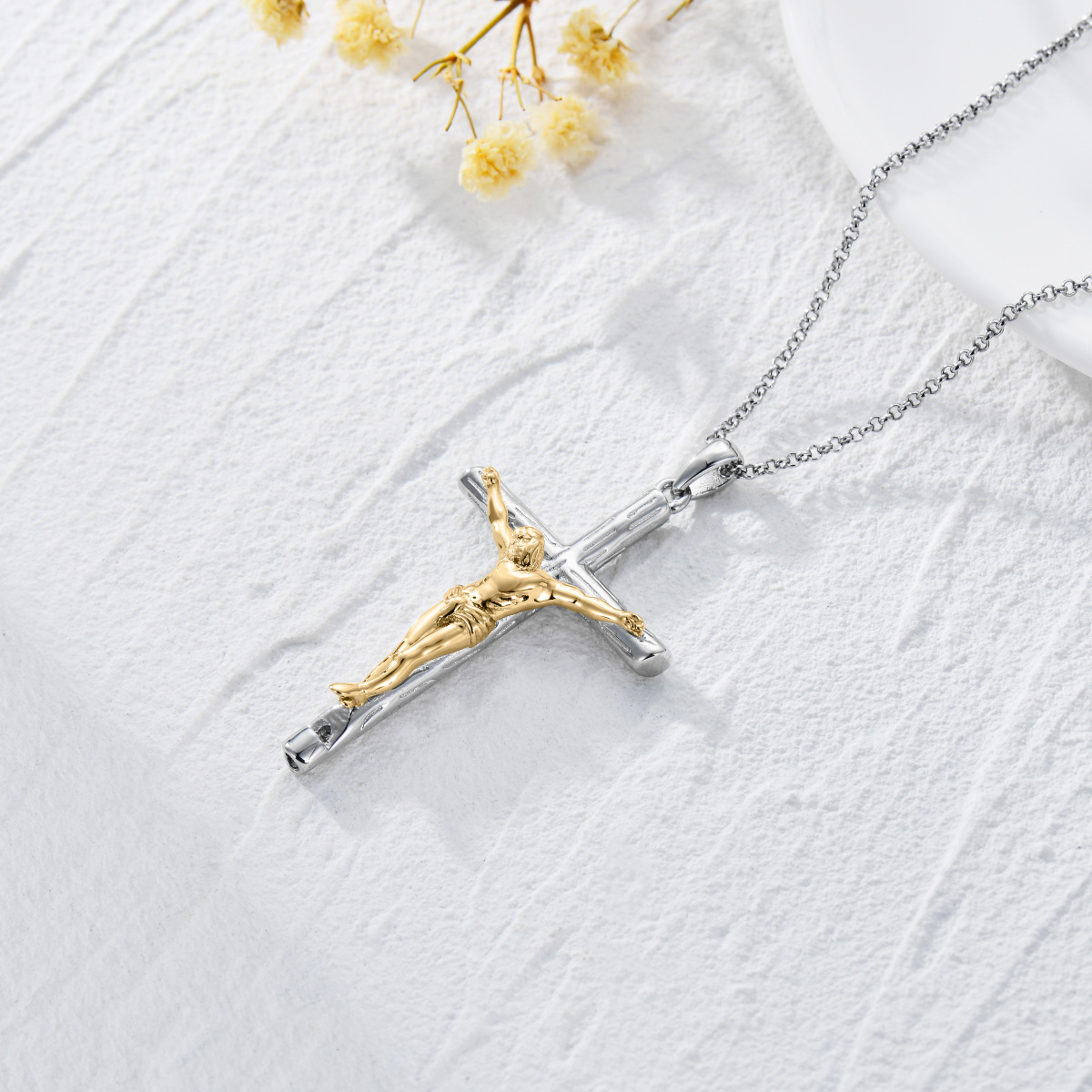 Zweifarbige Halskette mit Pfeifenanhänger aus Sterlingsilber mit Kreuz und Jesus-Kruzifix für Herren-5