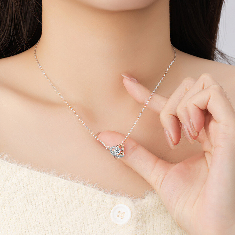 Sterling Silver Two-tone Cubic Zirconia Cross Knot & Heart Pendant Necklace-2