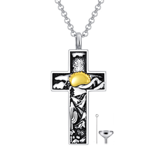 Sterling Silver Two-tone Cross & Mountains Urn Necklace for Ashes