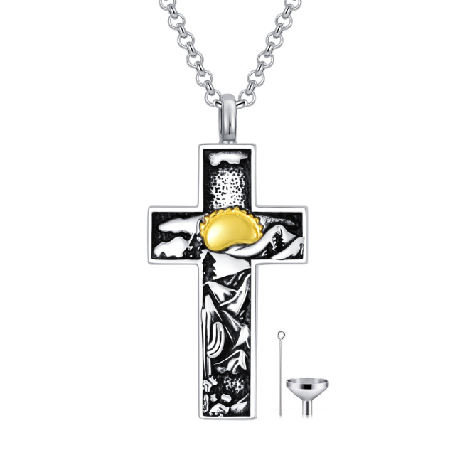 Sterling Silver Two-tone Cross & Mountains Urn Necklace for Ashes-1