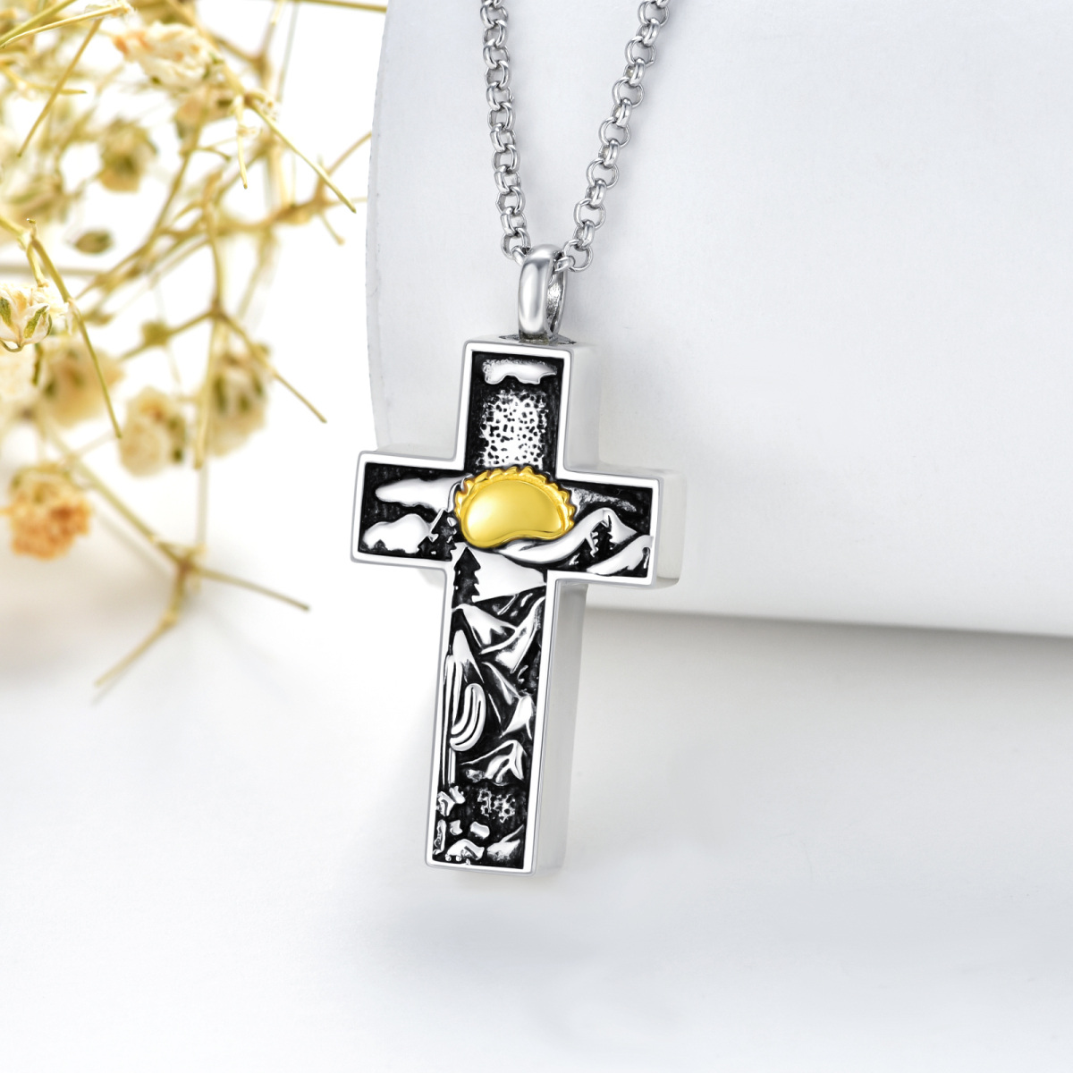 Sterling Silver Two-tone Cross & Mountains Urn Necklace for Ashes-3