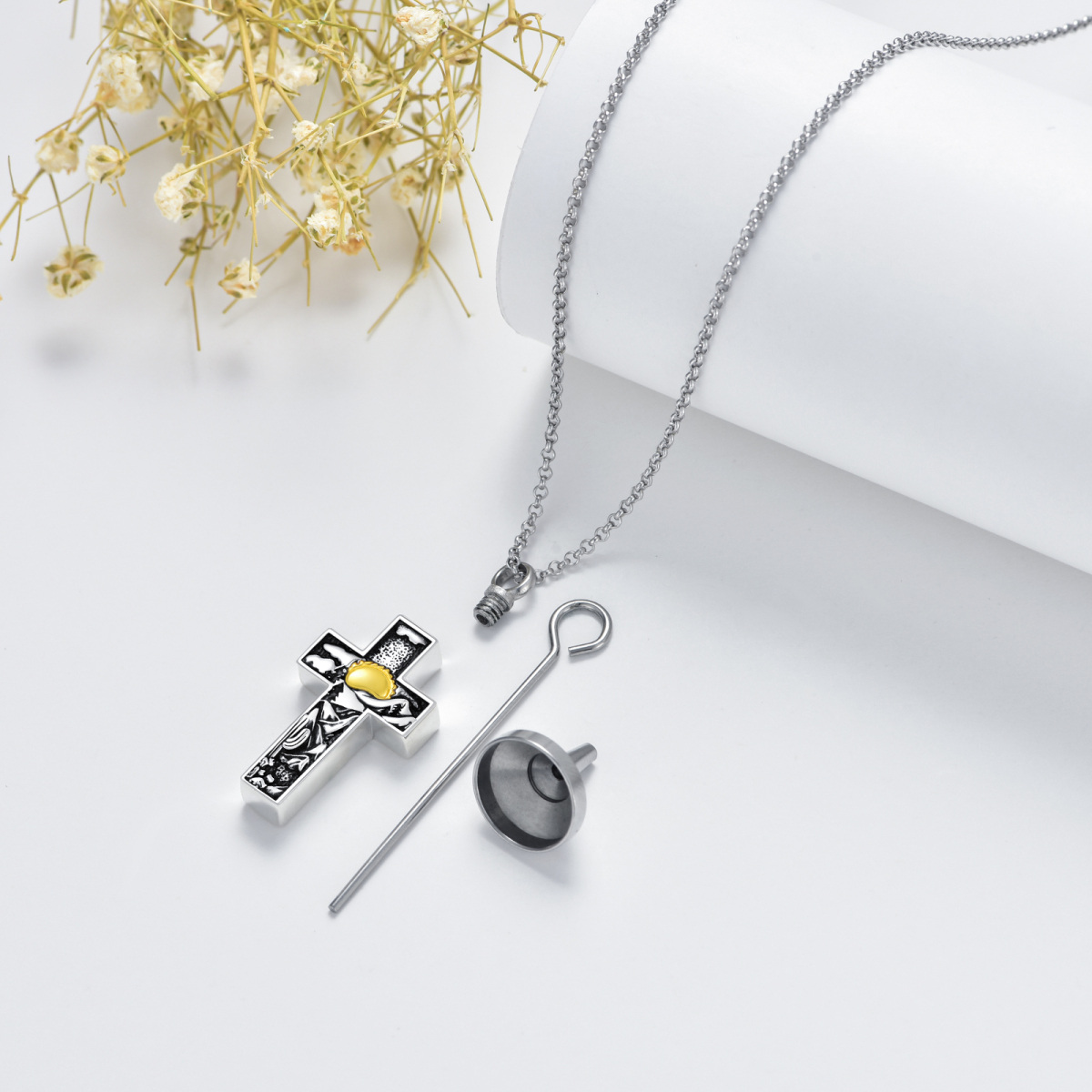 Sterling Silver Two-tone Cross & Mountains Urn Necklace for Ashes-4