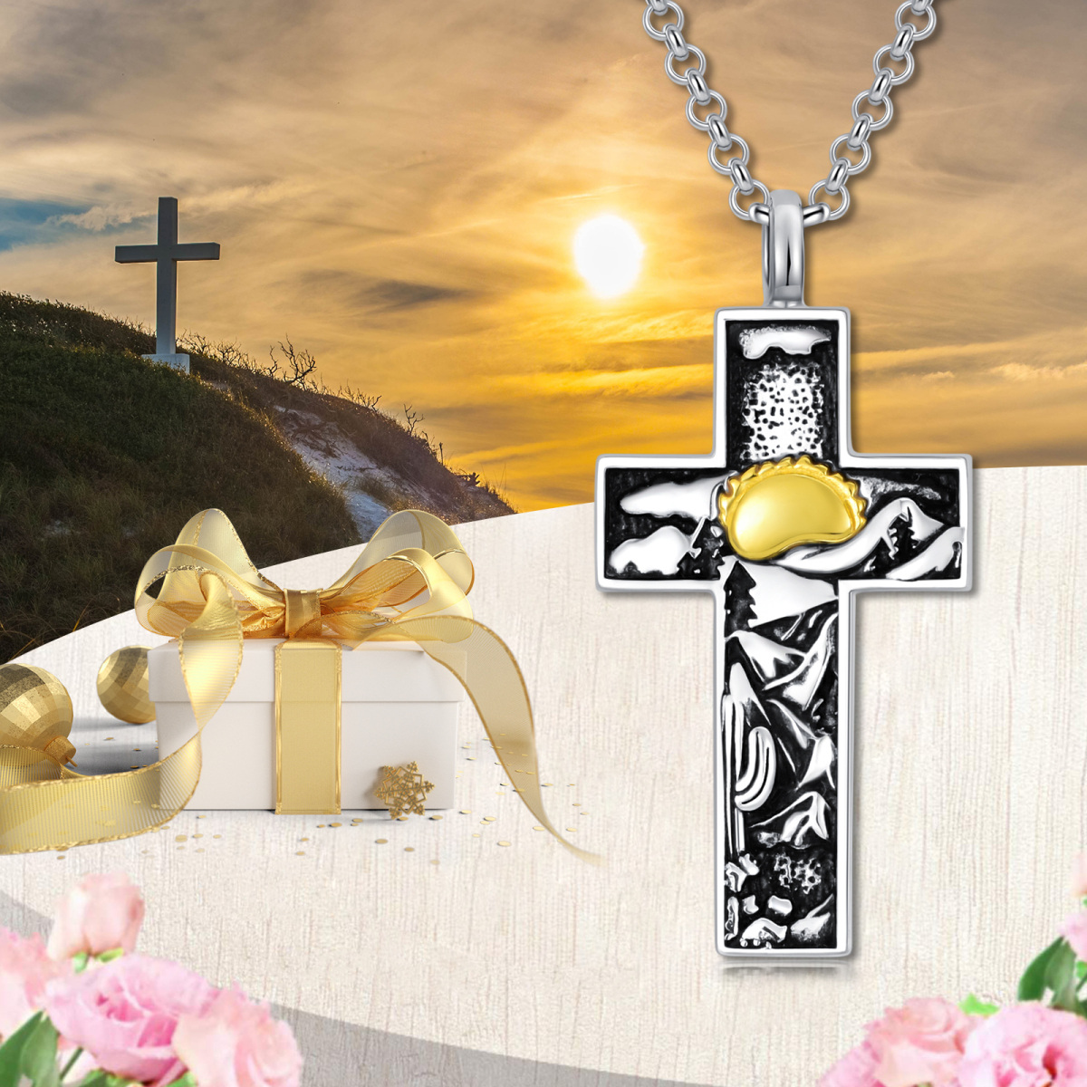 Sterling Silver Two-tone Cross & Mountains Urn Necklace for Ashes-6