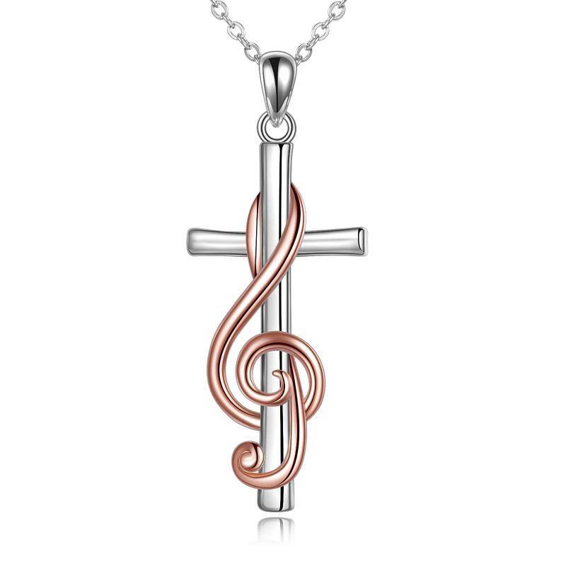 Sterling Silver Two-tone Cross & Music Symbol Pendant Necklace-1