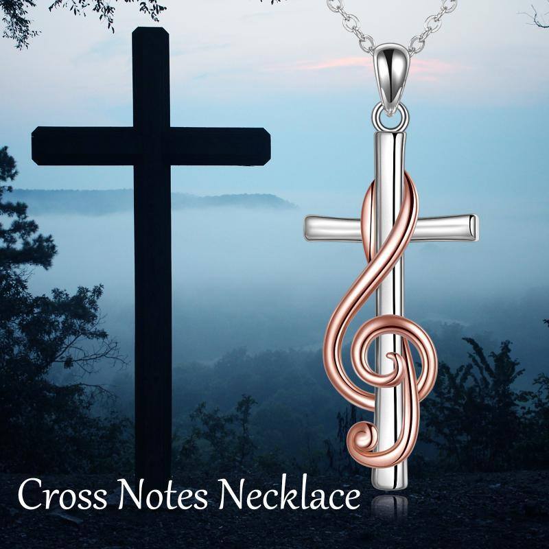 Sterling Silver Two-tone Cross & Music Symbol Pendant Necklace-3