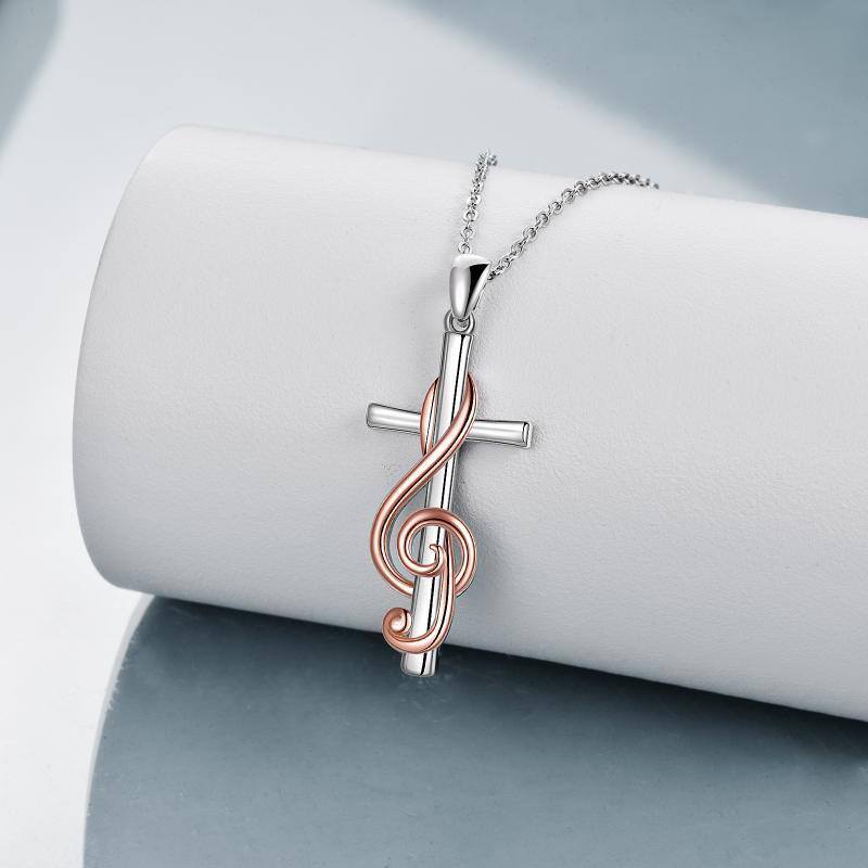 Collana con ciondolo a croce e simbolo musicale in argento sterling bicolore-4