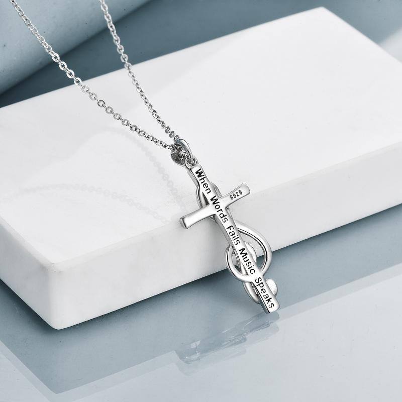 Sterling Silver Two-tone Cross & Music Symbol Pendant Necklace-5