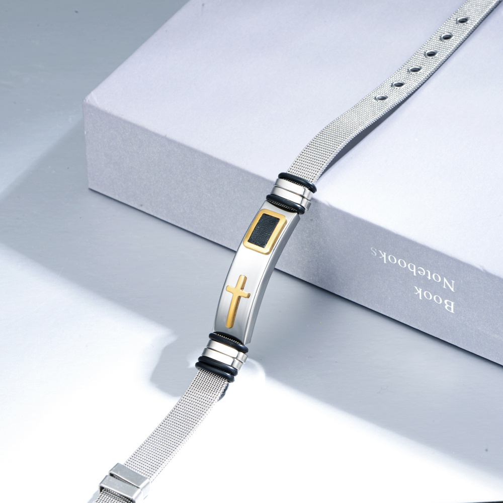 Roestvrijstalen tweekleurige kruisbedelarmband voor heren-3