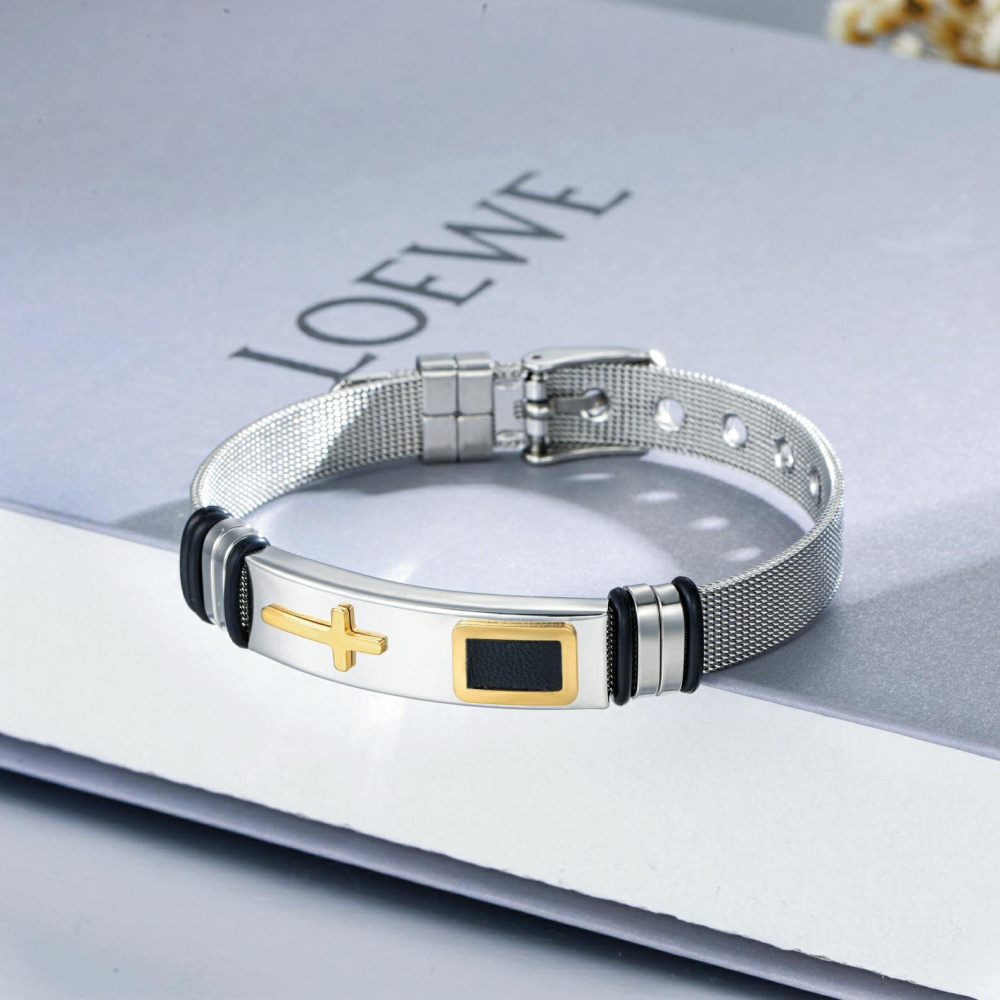 Roestvrijstalen tweekleurige kruisbedelarmband voor heren-5
