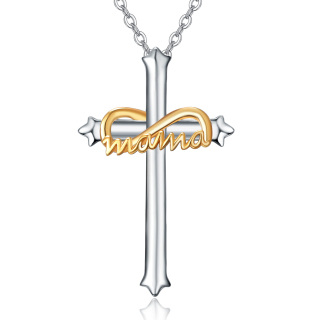 Sterling Silver Two-tone Cross Pendant Necklace with Engraved Word-4