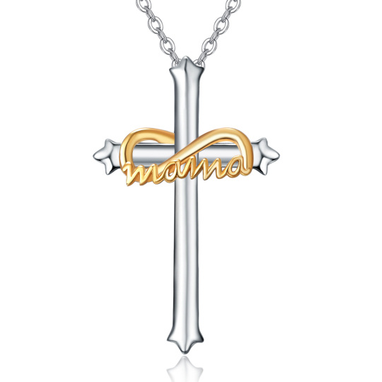 Sterling Silver Two-tone Cross Pendant Necklace with Engraved Word