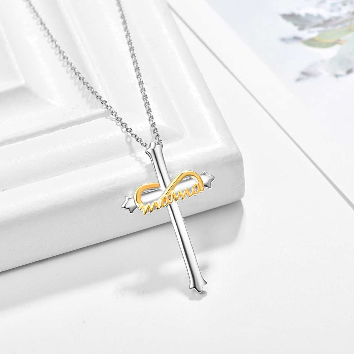 Sterling Silver Two-tone Cross Pendant Necklace with Engraved Word-4