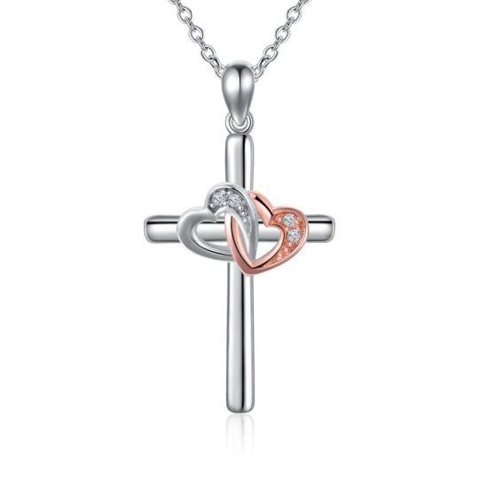 Collier à pendentif croix bicolore en argent sterling