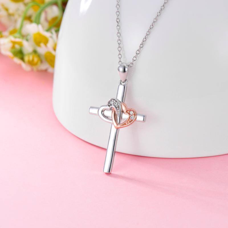 Collier à pendentif croix bicolore en argent sterling-3