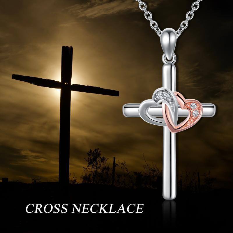 Collier à pendentif croix bicolore en argent sterling-6