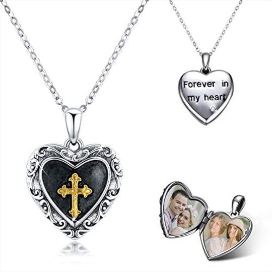 Sterling Silver Two-tone Cross Personalized Photo Locket Necklace