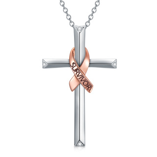 Sterling Silver Two-tone Cubic Zirconia Cross & Ribbon Pendant Necklace with Engraved Word-60