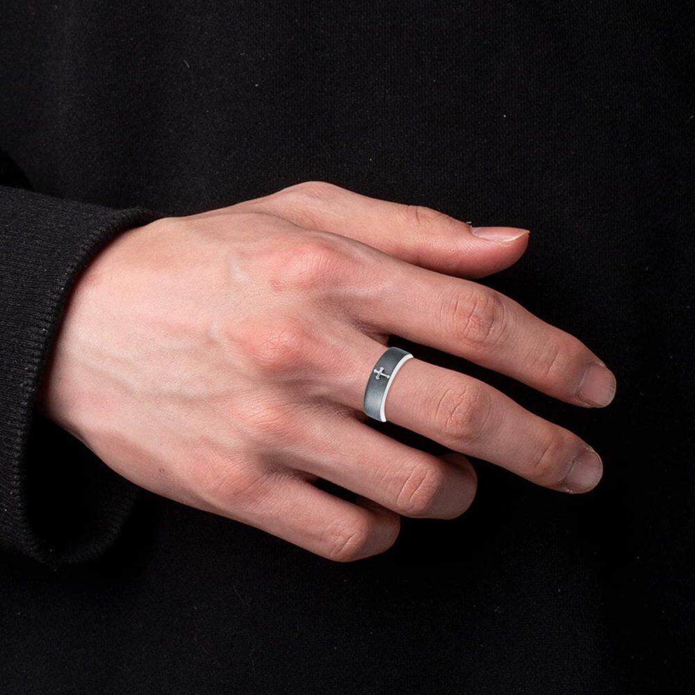 Anello bicolore in argento sterling con croce per uomo-2