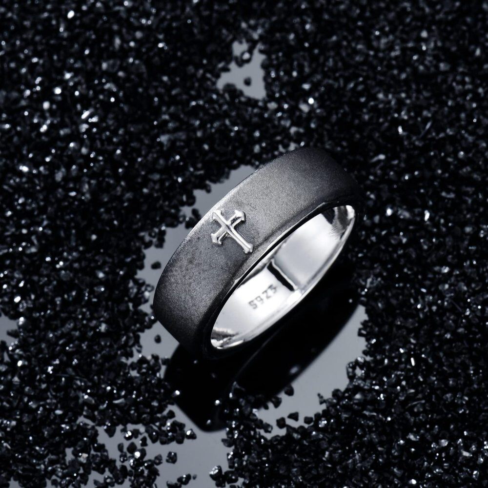 Anello bicolore in argento sterling con croce per uomo-3
