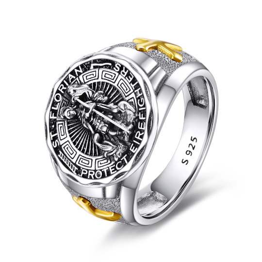 Sterling Silver Two-tone Cross & Saint Florian Signet Ring for Women Men