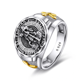 Sterling Silver Two-tone Cross & Saint Florian Signet Ring for Women Men-1