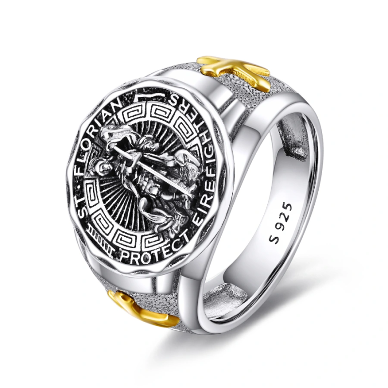 Sterling Silver Two-tone Cross & Saint Florian Signet Ring for Women Men-5