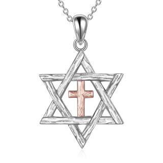 Sterling Silver Two-tone Cross & Star Of David Pendant Necklace-25