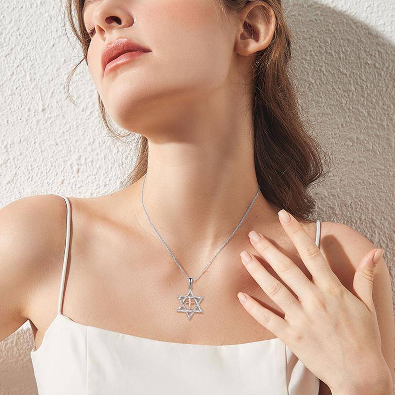 Sterling Silver Two-tone Cross & Star Of David Pendant Necklace-2