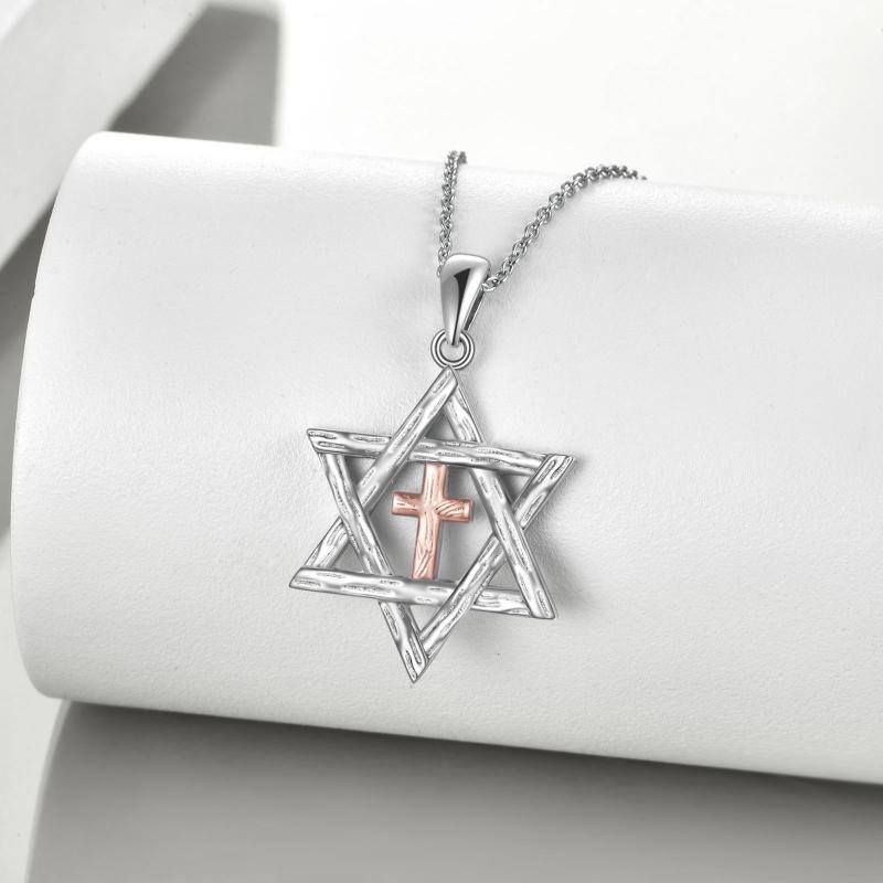 Sterling Silver Two-tone Cross & Star Of David Pendant Necklace-3