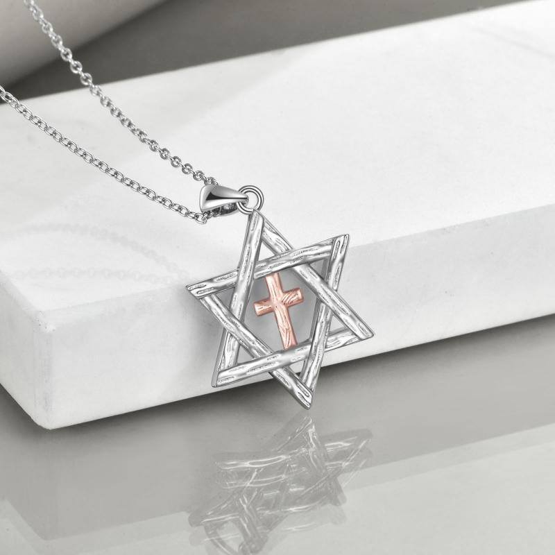 Sterling Silver Two-tone Cross & Star Of David Pendant Necklace-4